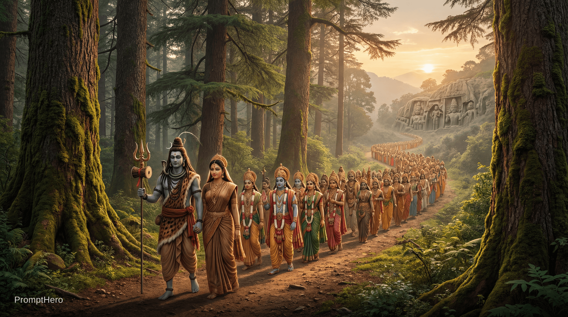 AI generated: “Ancient Himalayan forest path with Lord Shiva holding trident and drum, walking alongside Parvati a...