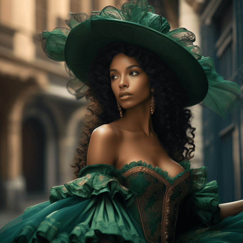AI generated: In the quaint streets of a charming 18th century town a mesmerizing woman with a cascade of ebony tr...