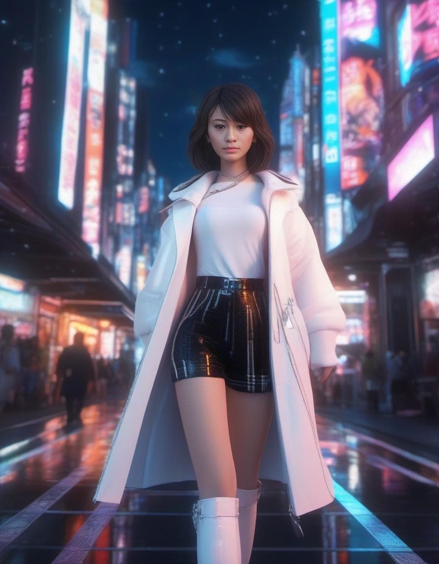 AI generated: stunning anime fashionpunk vixen walks raised walkway through bright luminescent futuristic dot matr...
