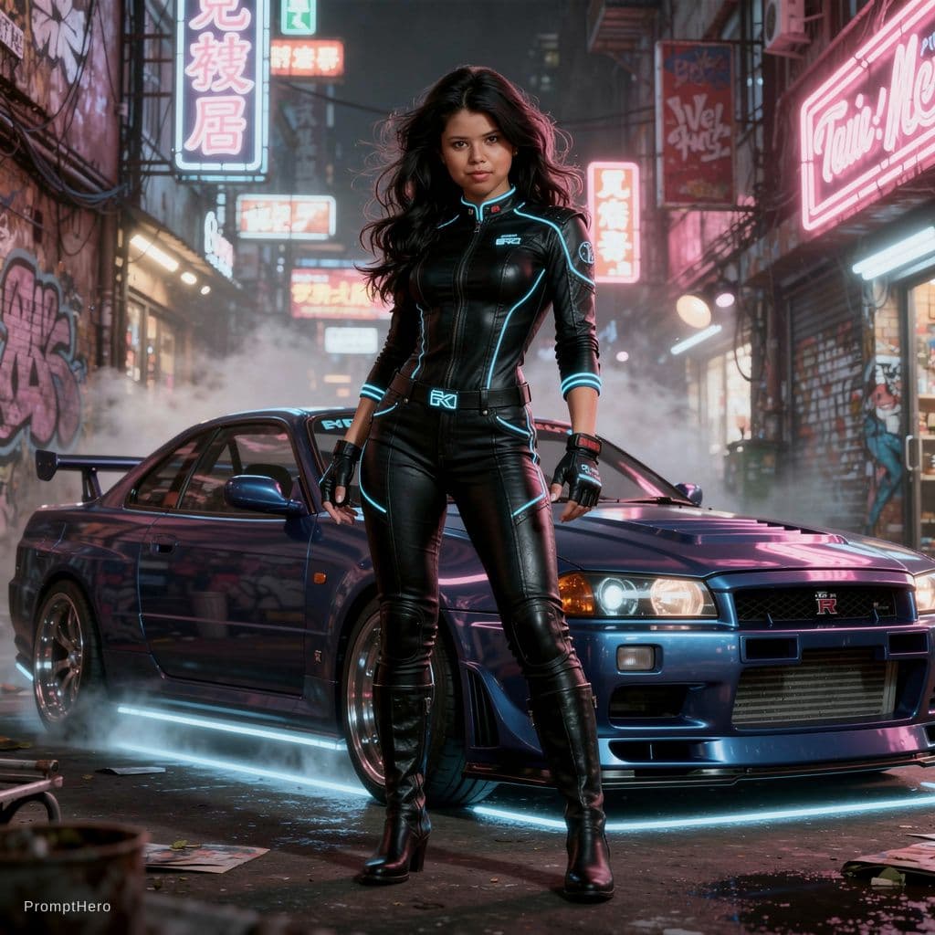 AI generated: Lyla stands confidently in a gritty, underground racing scene, exuding an aura of rebellion and spee...