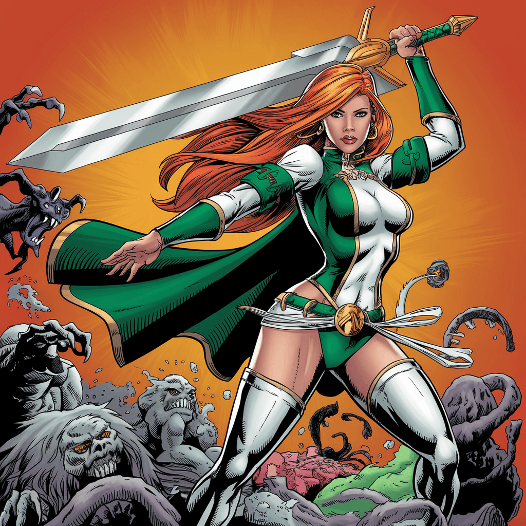 AI generated: The image is an illustration of a female superhero with long orange hair. She is wearing a green and...