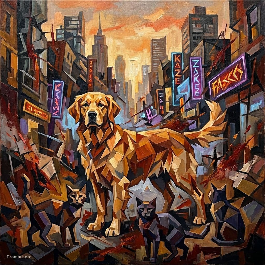 AI generated: A dog, golden retriever, the urban landscape, painting, explosive, cubist, distropic world, bloody, ...