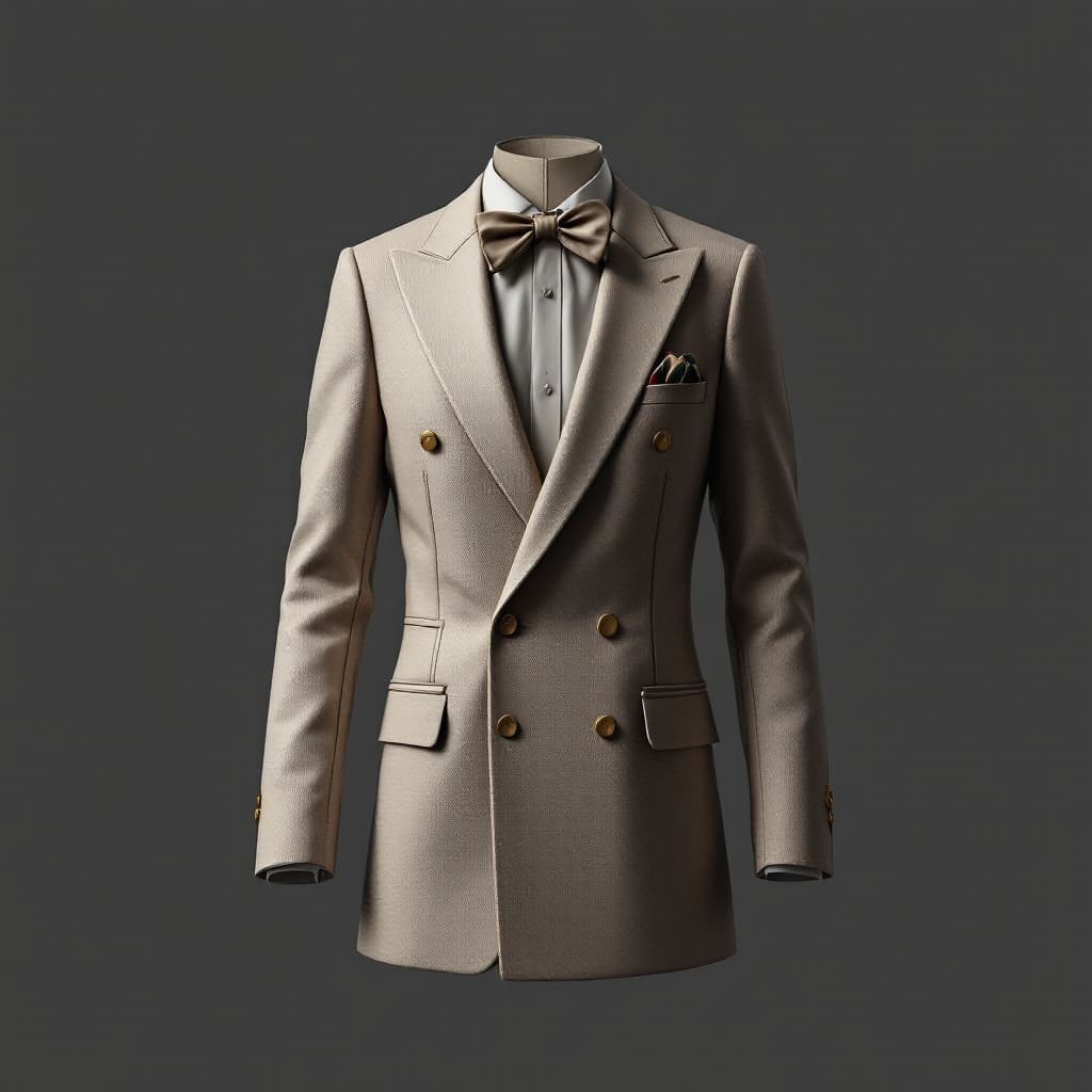 AI generated: Front view of a Gucci blazer, tailored fashion design, featuring a bowtie and pocket square at the l...