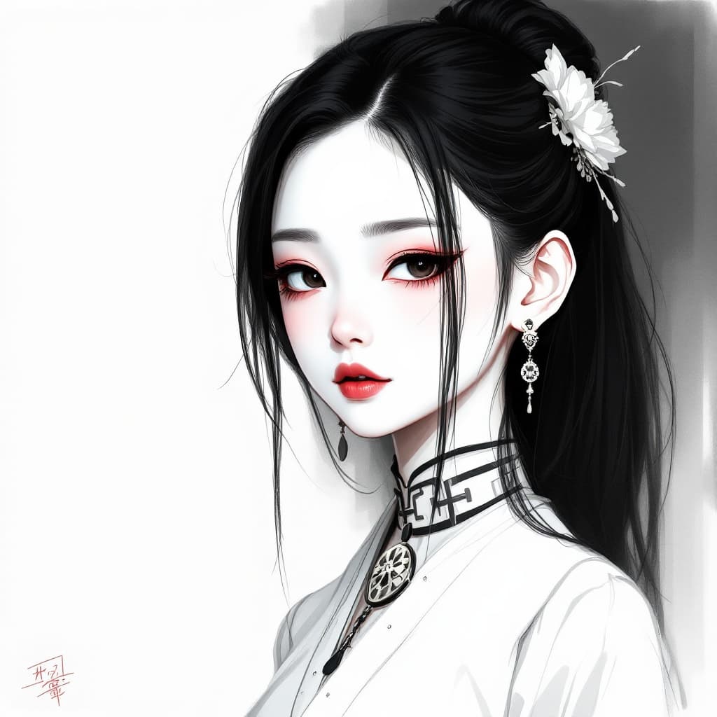AI generated: a dark haired girl dressed in an asian style, in the style of subtle ink application, appropriation ...