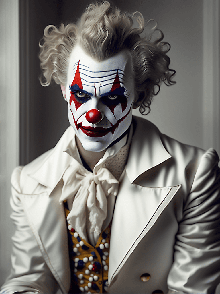 AI generated: Fashion photography of a joker, 1800s renaissance, clown makeup, editorial, insanely detailed and in...