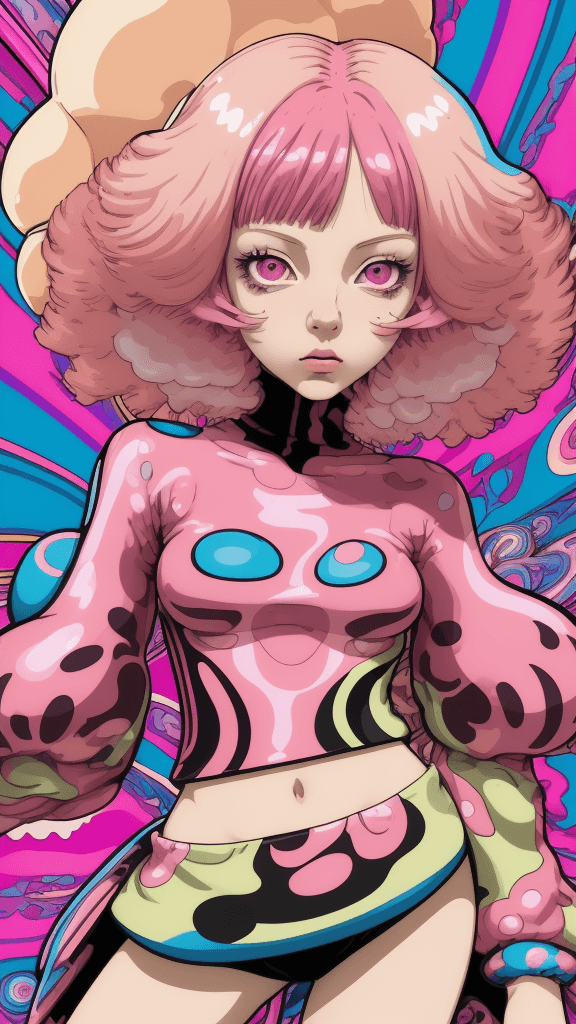 AI generated: in a funky background portrait of little mushroom woman, pink hair, Prominent eyes, funky background...
