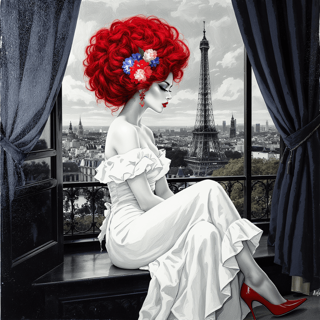 AI generated: digital black and white gouache oil painting from profile with color pops of radiant shined beauty w...