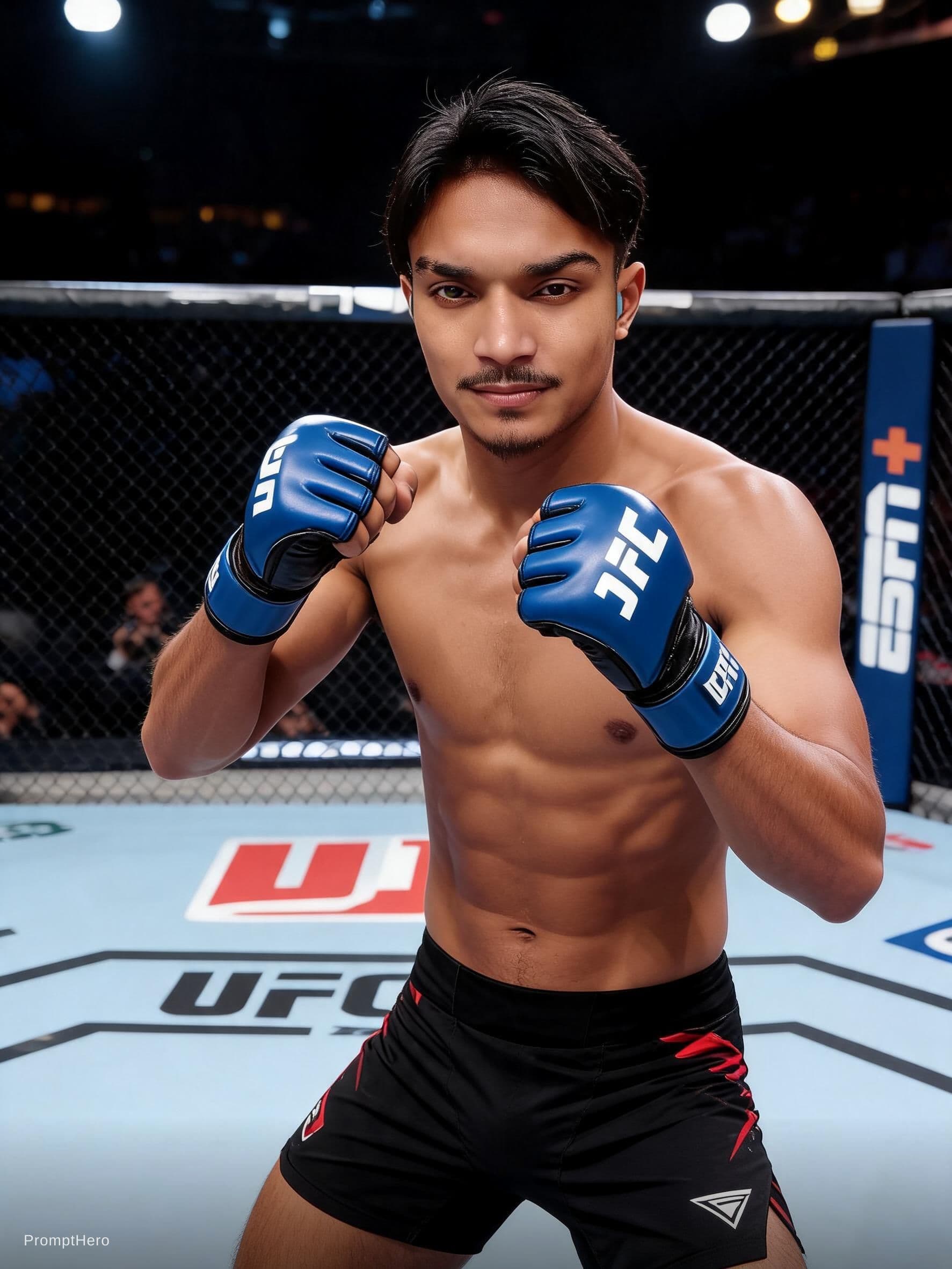 AI generated: Fighting in UFC ring with serious and focused mindset