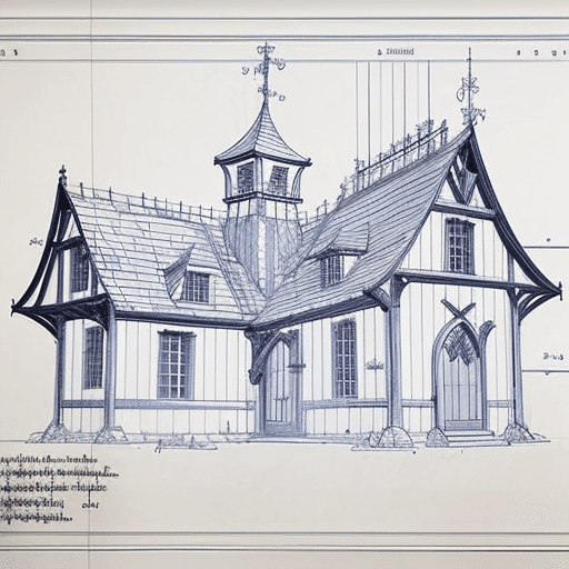 AI generated: detailed with notes, ink sketch of medieval preschool slick design clean lines blueprint perfect awe...