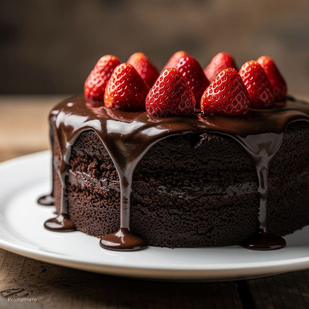 AI generated: Chocolate cake with chocolate sauce, strawberries on top, photography, cinematic shot, professional ...