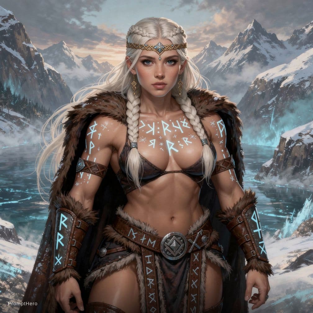 AI generated: A striking Norse seeress stands in a snowy fjord, her long platinum hair braided into intricate Nors...