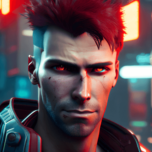 AI generated: a male protagonist of cyberpunk 2077 with a tuft, brown hair, red eyes, oily complexion, while killi...