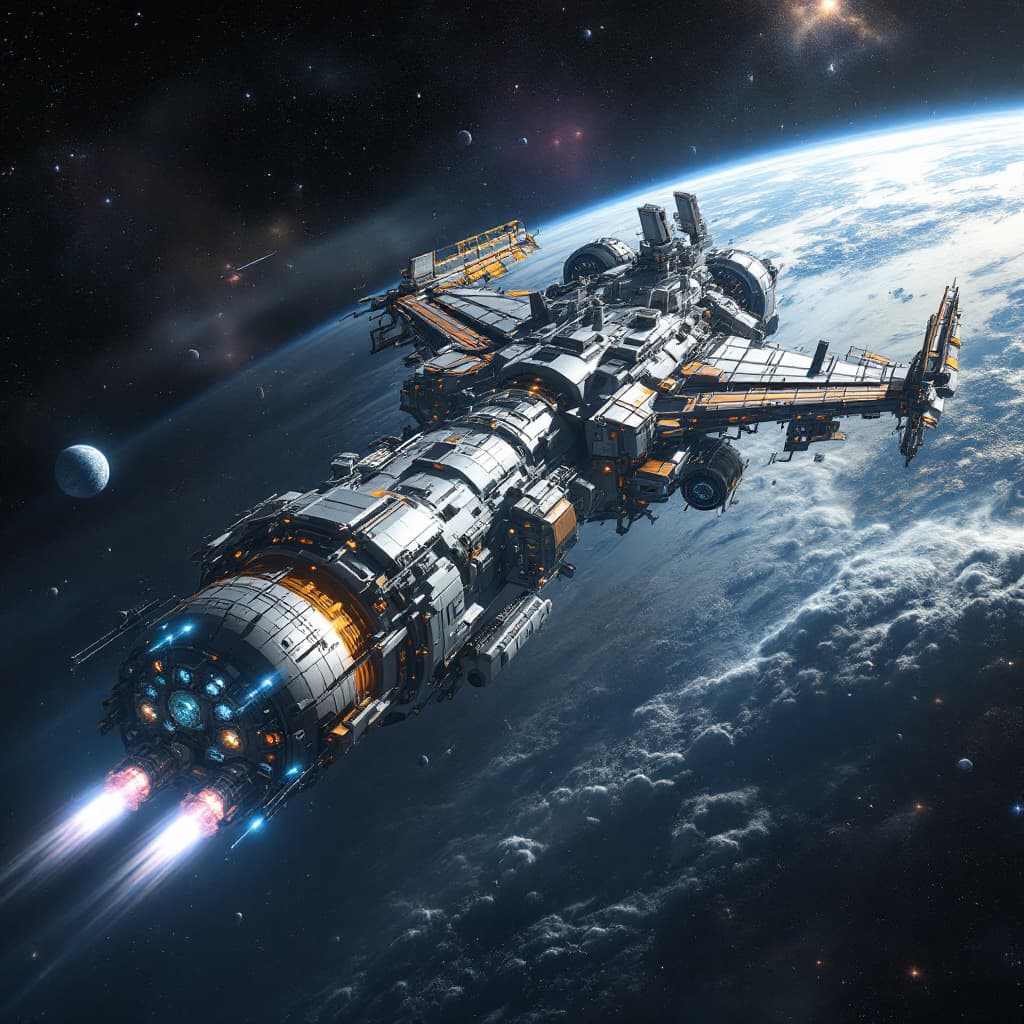 AI generated: huge space craft 2000 peoples full time residents and up to 200 vistors to build space city, esteem ...