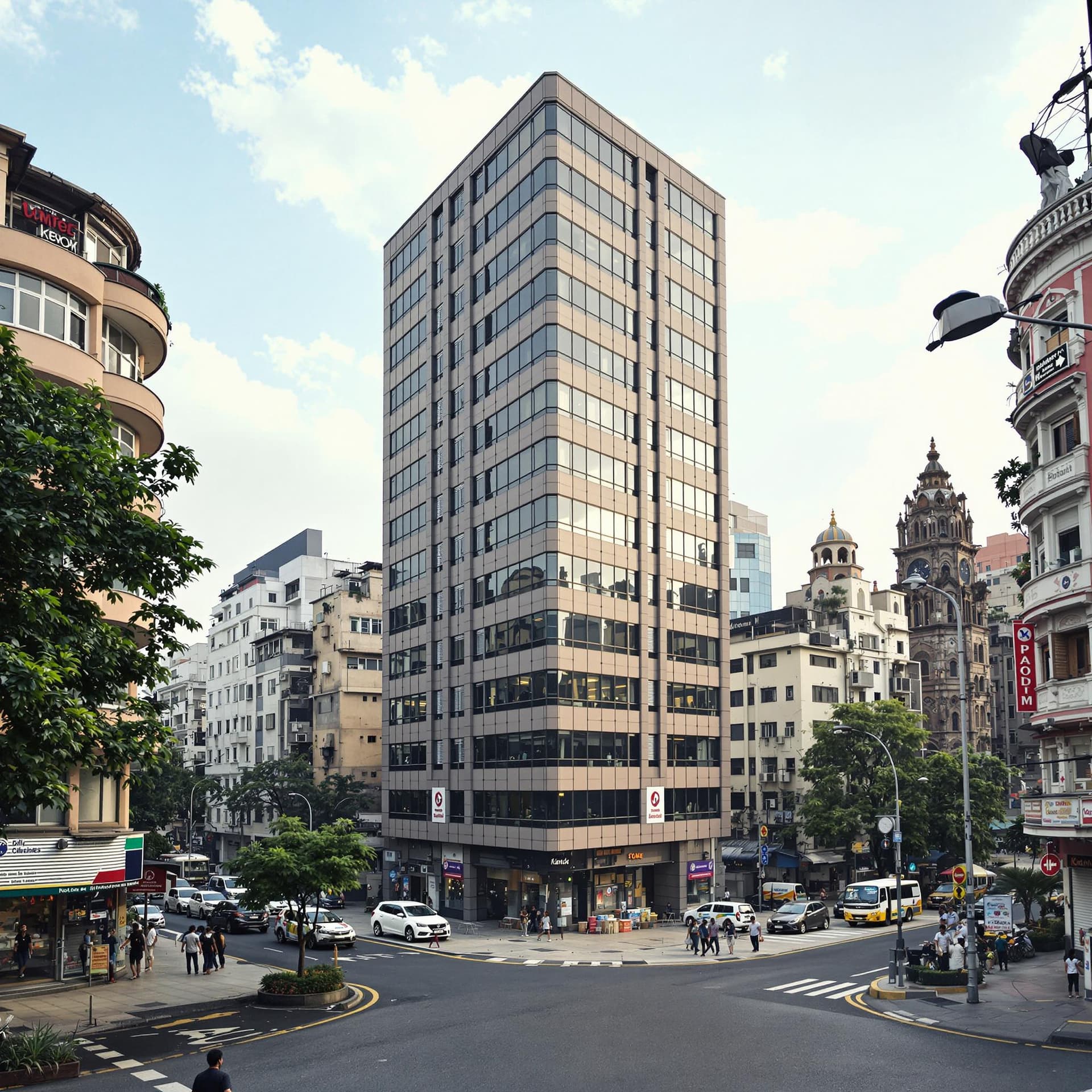 AI generated: From a ground-level perspective, a single office building in Mumbai, India, is centered and very clo...