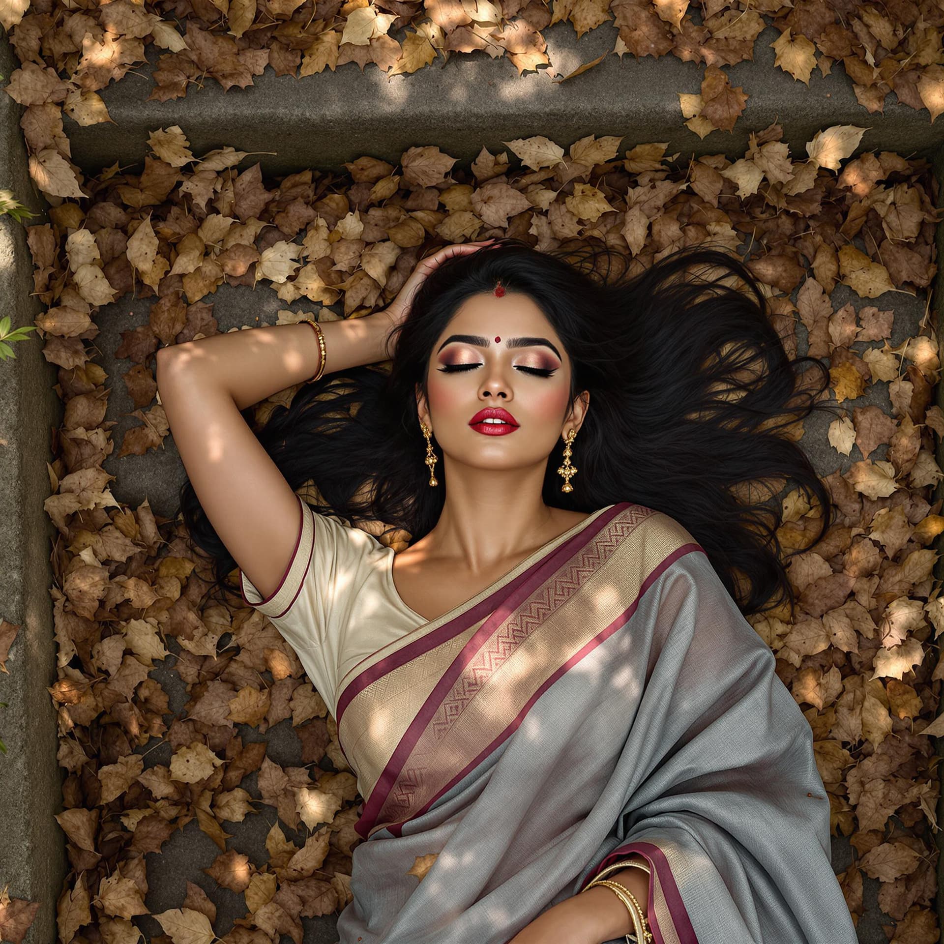 AI generated: a Kerala woman, from above, lying on old stone stairs in covered in dead leaves, Kerala Saree dress,...