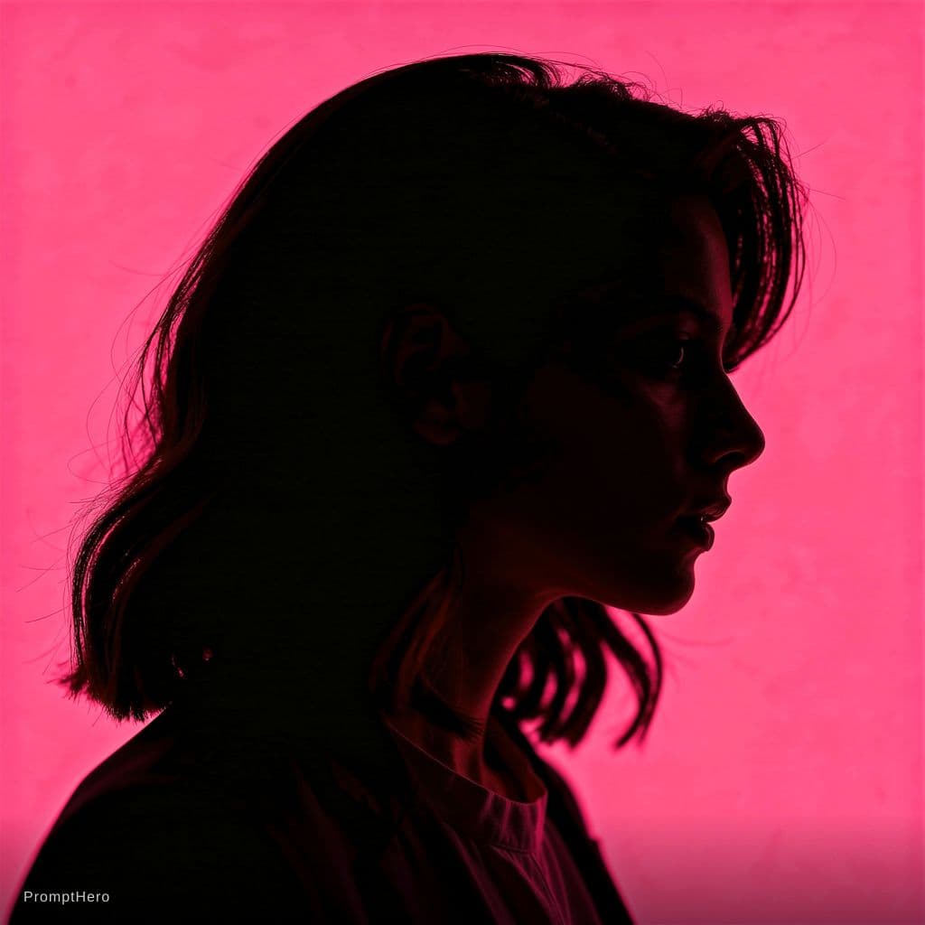 AI generated: photography, portrait of contrast, profile silhouette of a woman, vibrant hot pink backdrop, visuali...