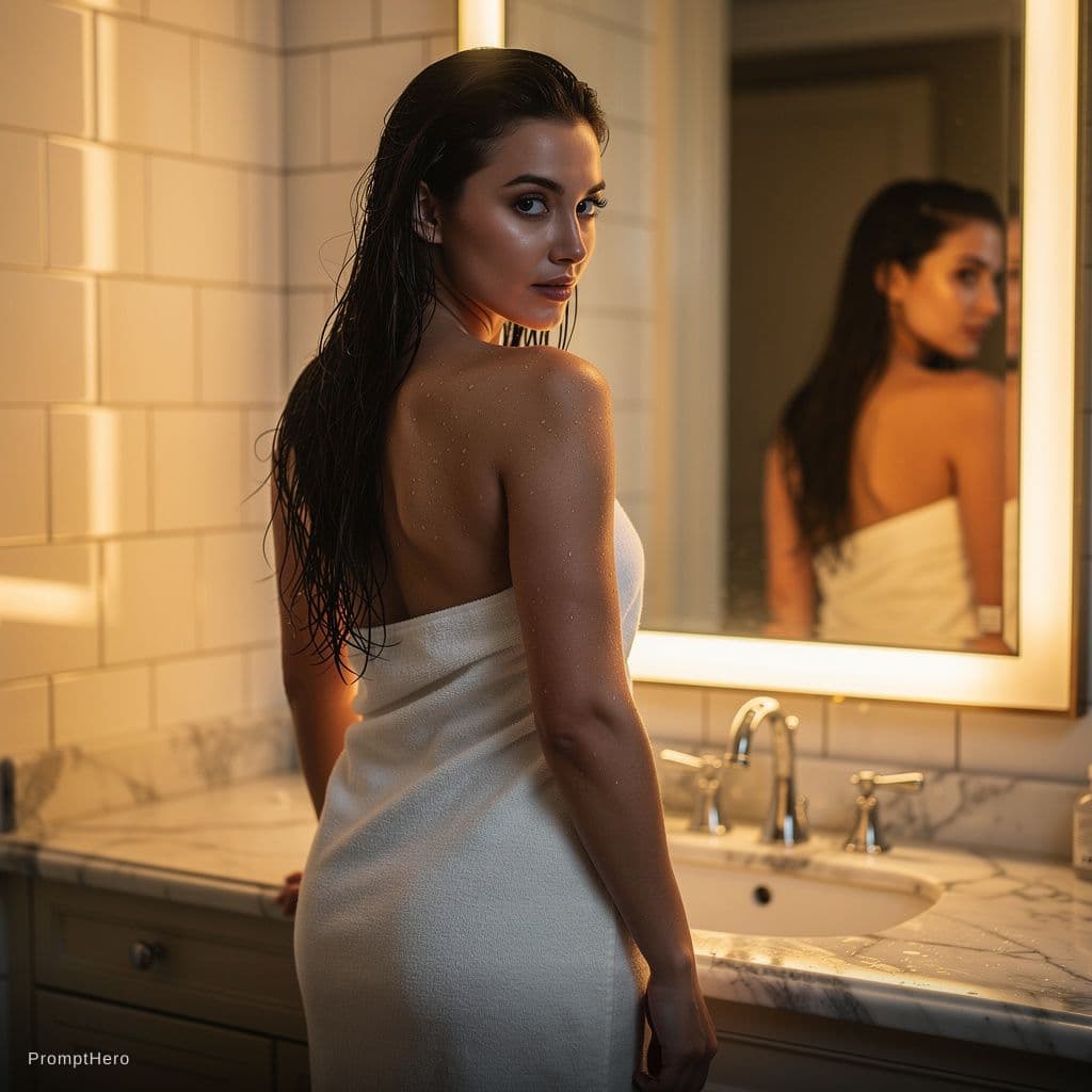AI generated: A stunningly beautiful nude woman with long, wet, dark hair cascading down her back, standing in a l...