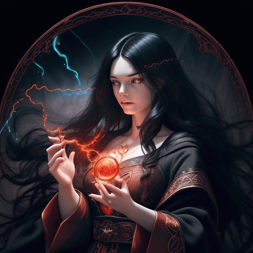 AI generated: A female warlock with long black hair wearing ornate red robes, Casting a Spell, Swirling magical en...