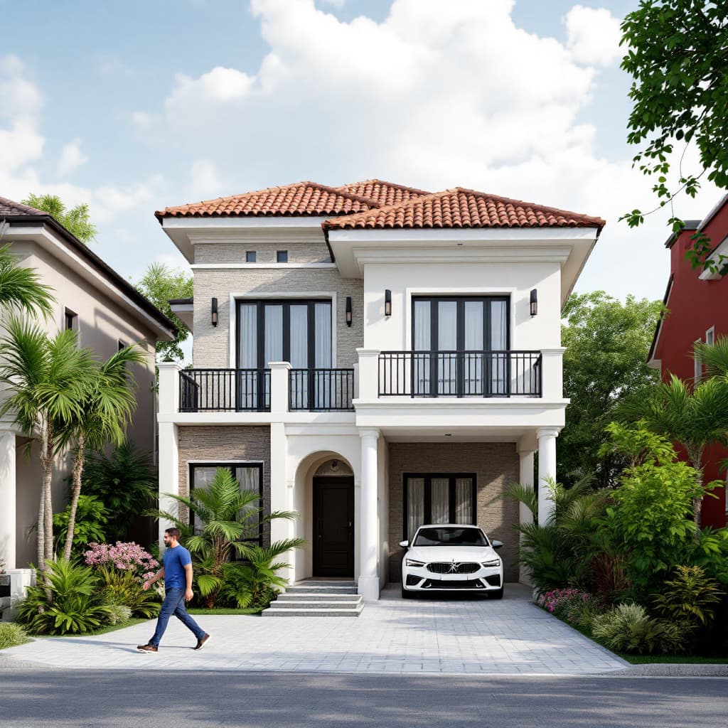 AI generated: Generate a 3D rendering of a two-story, modern residential house with a symmetrical facade. The hous...