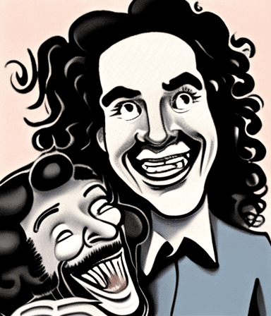 AI generated: tall woman with a big nose and short hair stands frowning with a man with long curly hair and a very...