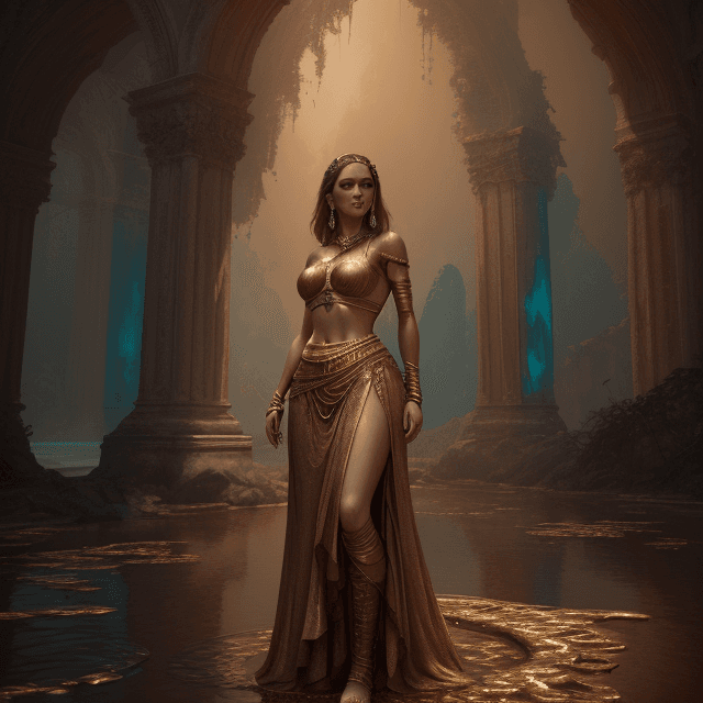 AI generated: high definition painting, high resolution, 8k, woman dripping with gold jewelry standing in beautifu...