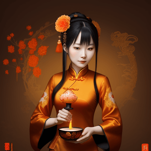 AI generated: chinese woman dressed in oriental with a candle, in the style of dark orange and gold, romantic depi...