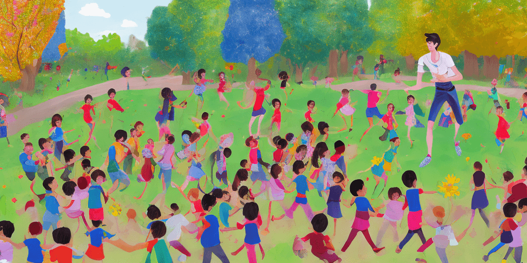 AI generated: A hundred children are joyfully circling around Pavel Durov in a vibrant, lively scene. The backgrou...