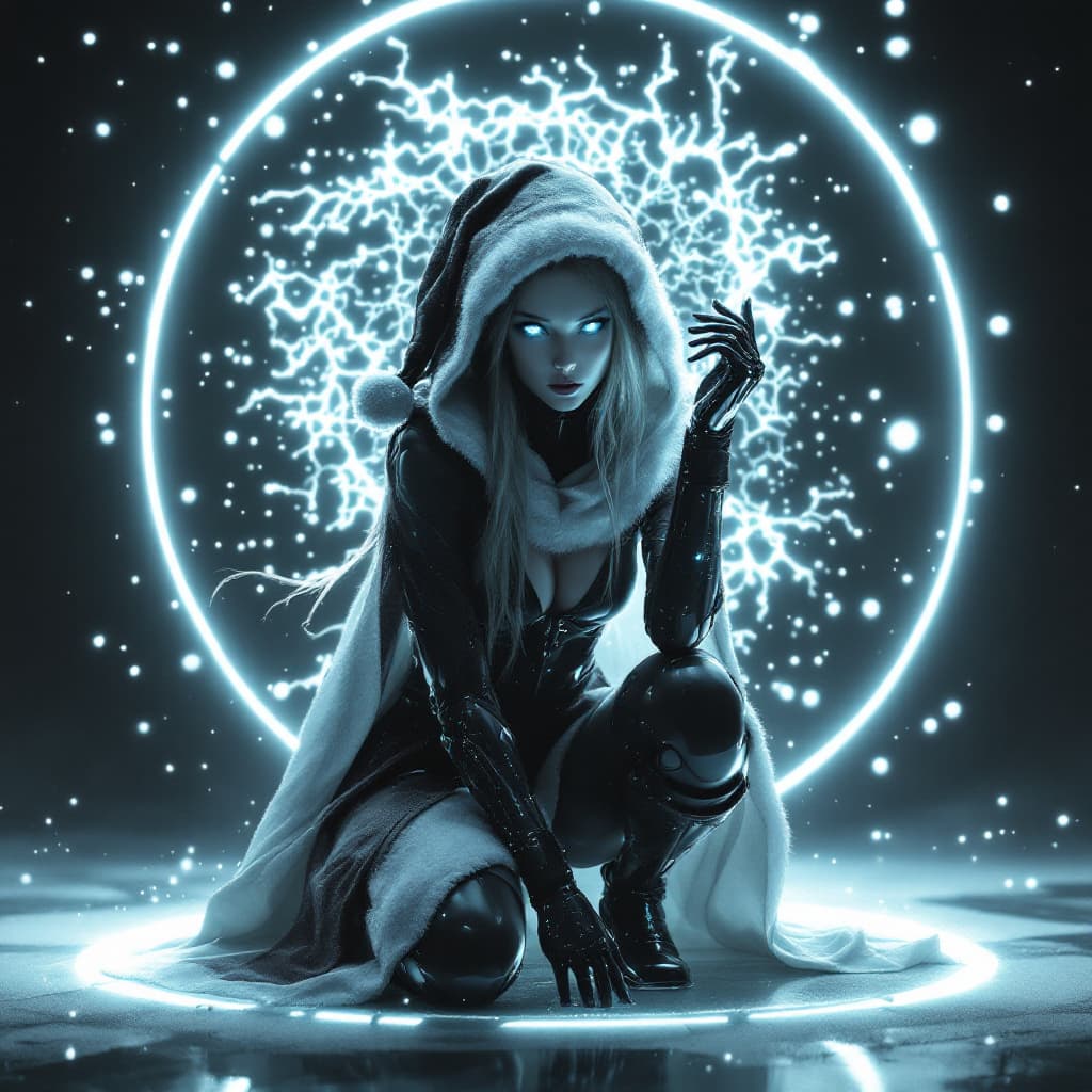 AI generated: In a breathtaking 8K wallpaper, a stunning female android santa clausfrom the future crouches on one...