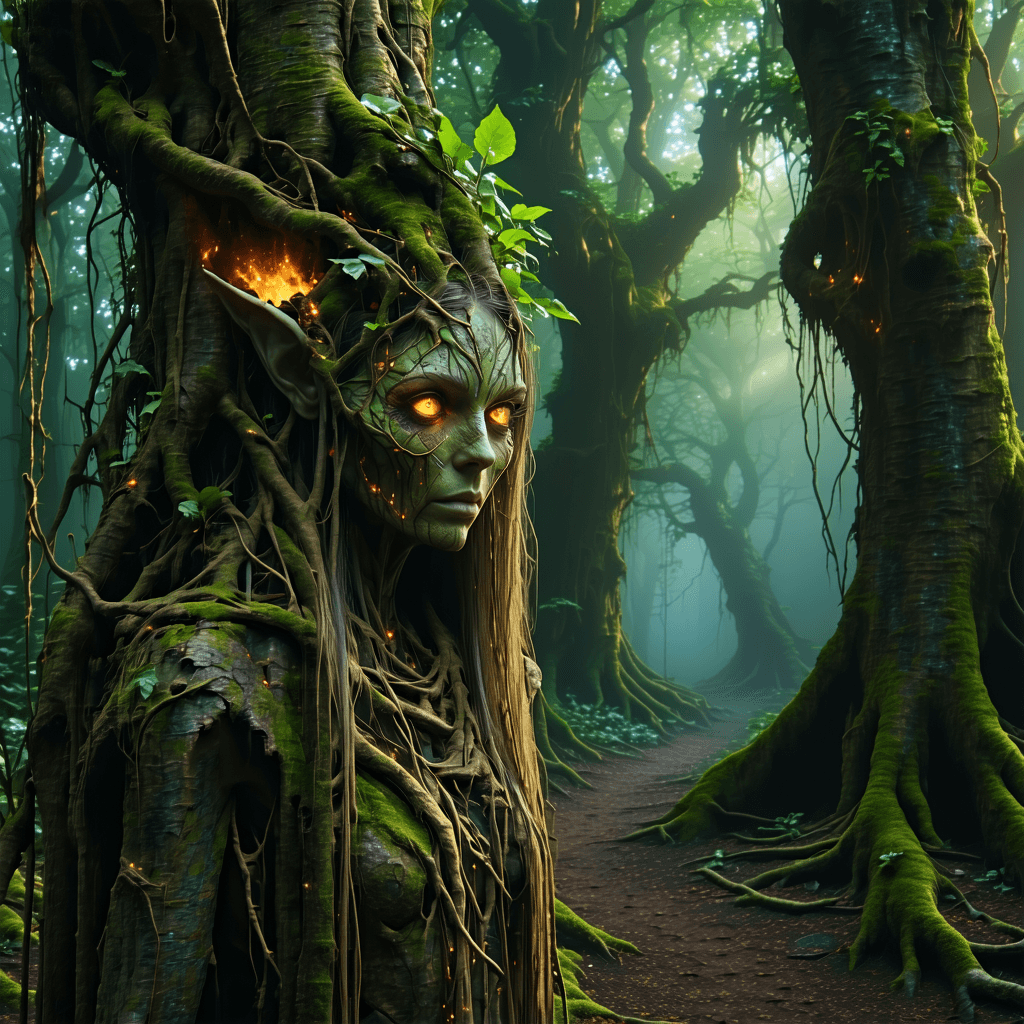 AI generated: An ancient treant druid, her body formed of living wood and with vines that seem to move with a life...