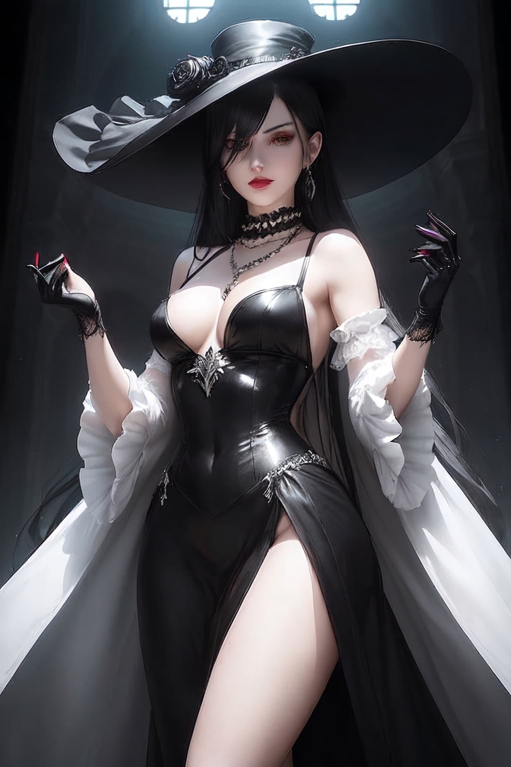 AI generated: Insanely photoshoot of villain (Alsina Dimitrescu:1.5) is nine feet tall, with black hair, yellow ey...