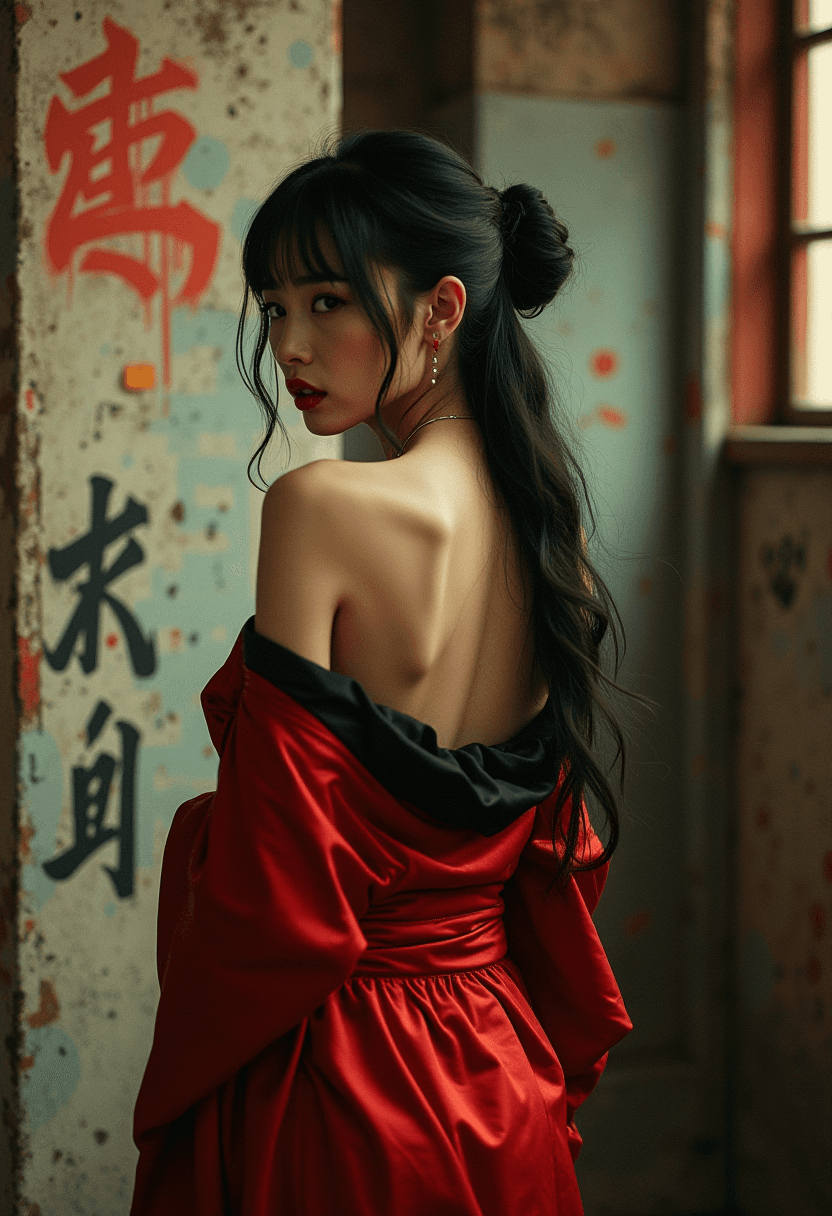 AI generated: An alluring Asian woman in a red and black kimono, partially slipping off her bare shoulders and bac...