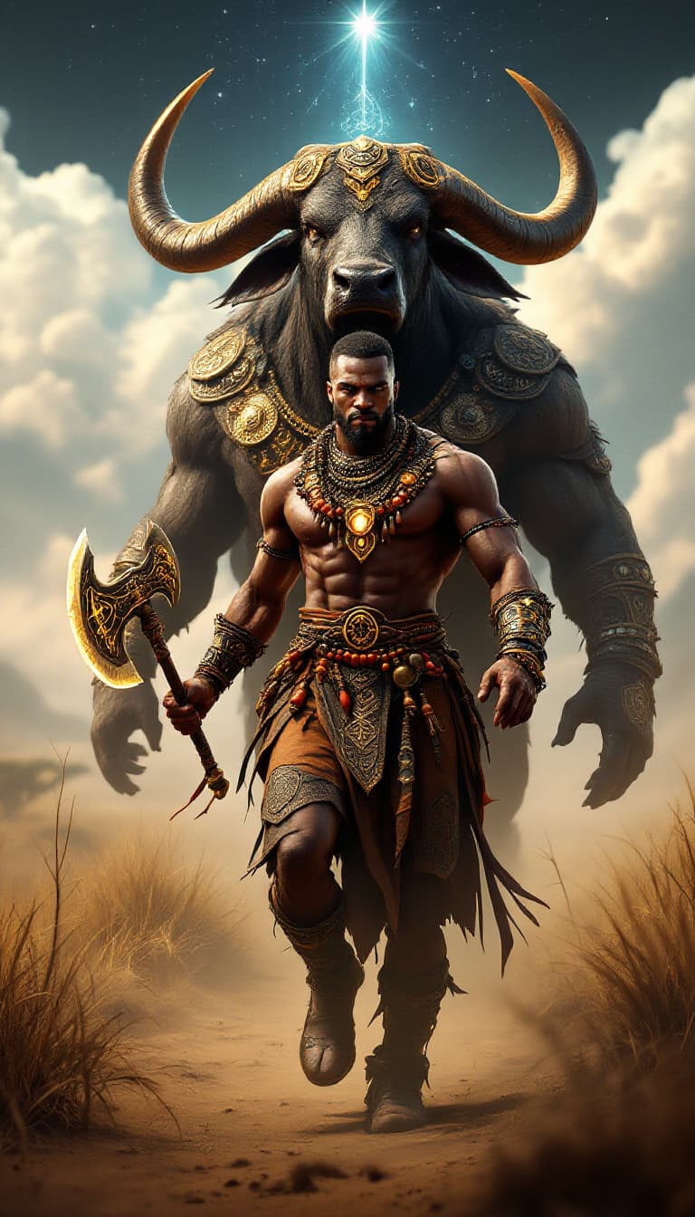 AI generated: An ultra-realistic, wide angle, front facing, full-body portrait of a skilled African Beastmaster, d...