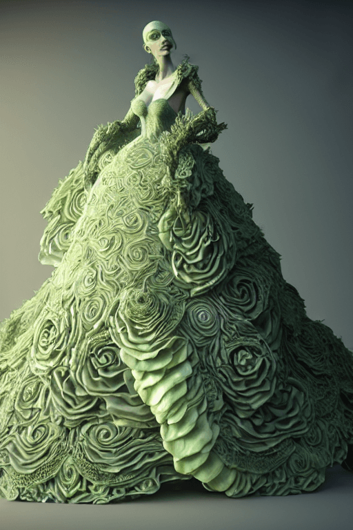 AI generated: morfydd clark, cinematic lighting, photorealistic, dress made from cabbage, intricate, realistic, de...