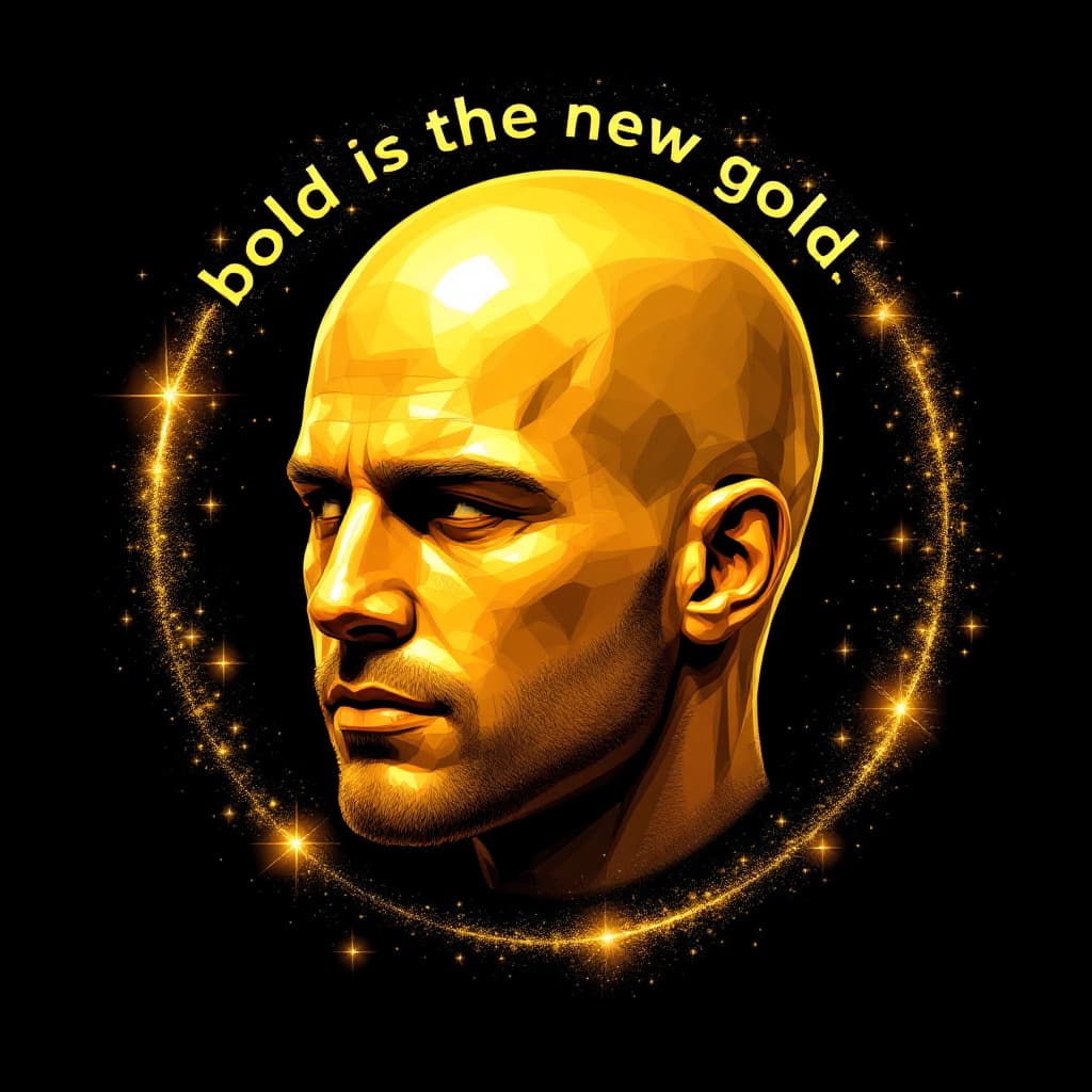 AI generated: Image of head, must be fully gold, bald, shiny around the head, with text "bold is the new gold", bl...