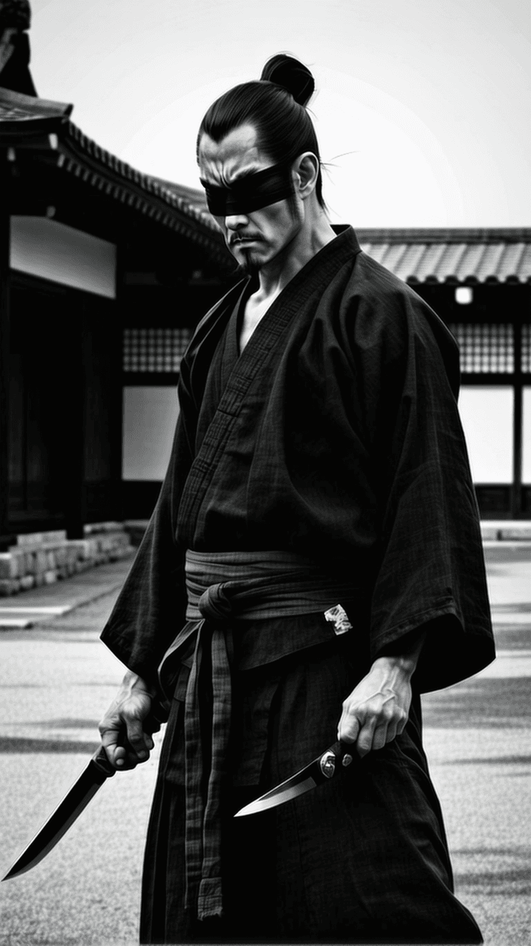 AI generated: Japanese Yakuza Warrior,eyes shut with black silk cloth,holding a knife,before harakiri behavior sty...