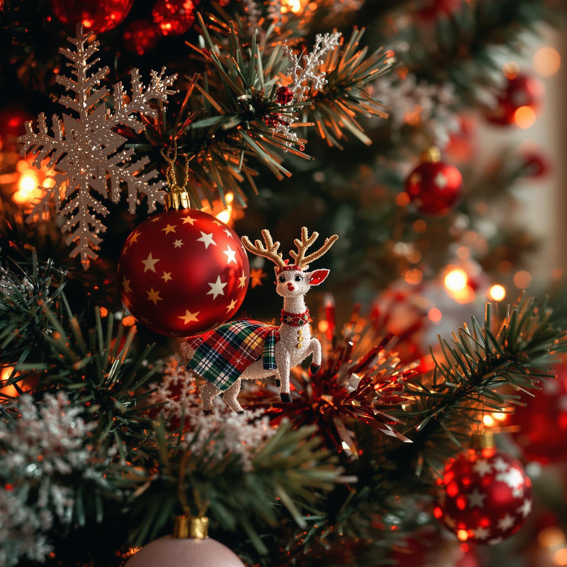 AI generated: in the style of movie poster, Christmas tree toy close-up, red, vintage-inspired designs, detail-ori...