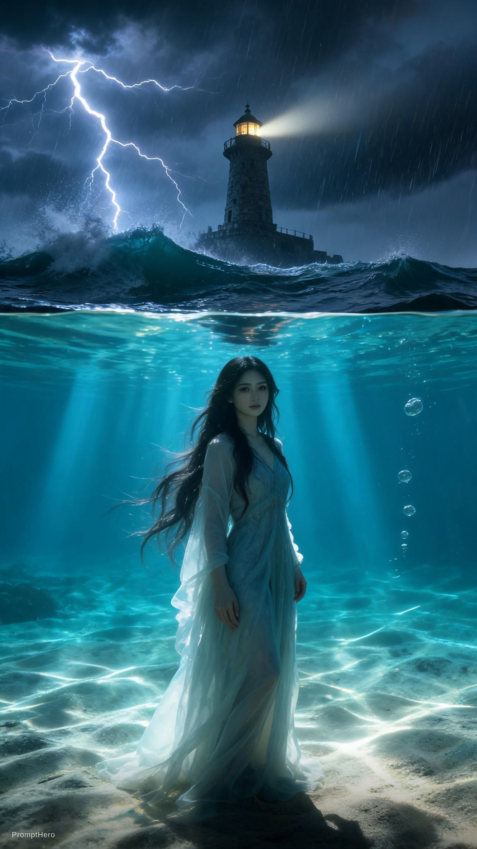 AI generated: A cinematic split-frame composition where the lens is half-submerged underwater. Below the surface, ...