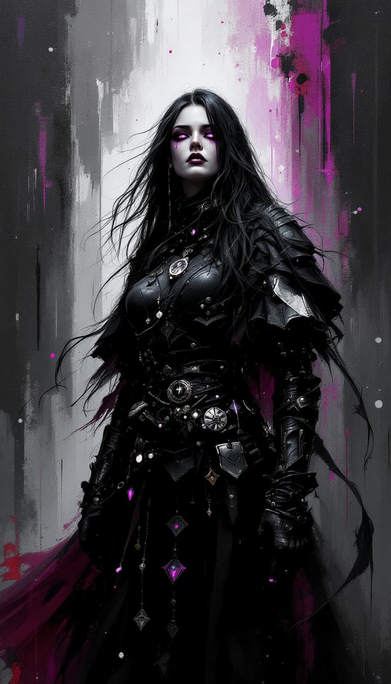 AI generated: "Onyx Sorceress in a Shadowed Citadel": A powerful abstract painting captures a sorceress, exhibitin...