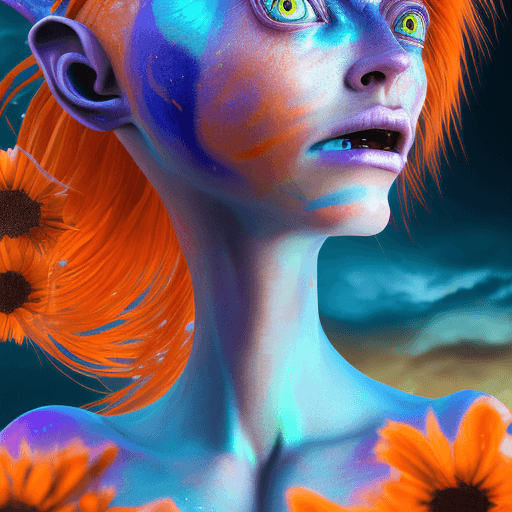 AI generated: a stunning surreal  portrait of a 
 alien  with  blue and orange striped skin , she has gleaming  or...