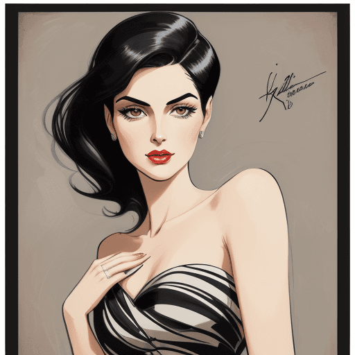 AI generated:  Vintage fashion poster of an elegant woman with black hair, drawn in the style of Paul Kenton, feat...