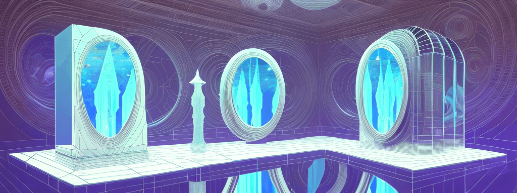 AI generated: a 3d detailed painting inspired by moebius of a 4d mirror cabinet. crystal, inspired by technology. ...