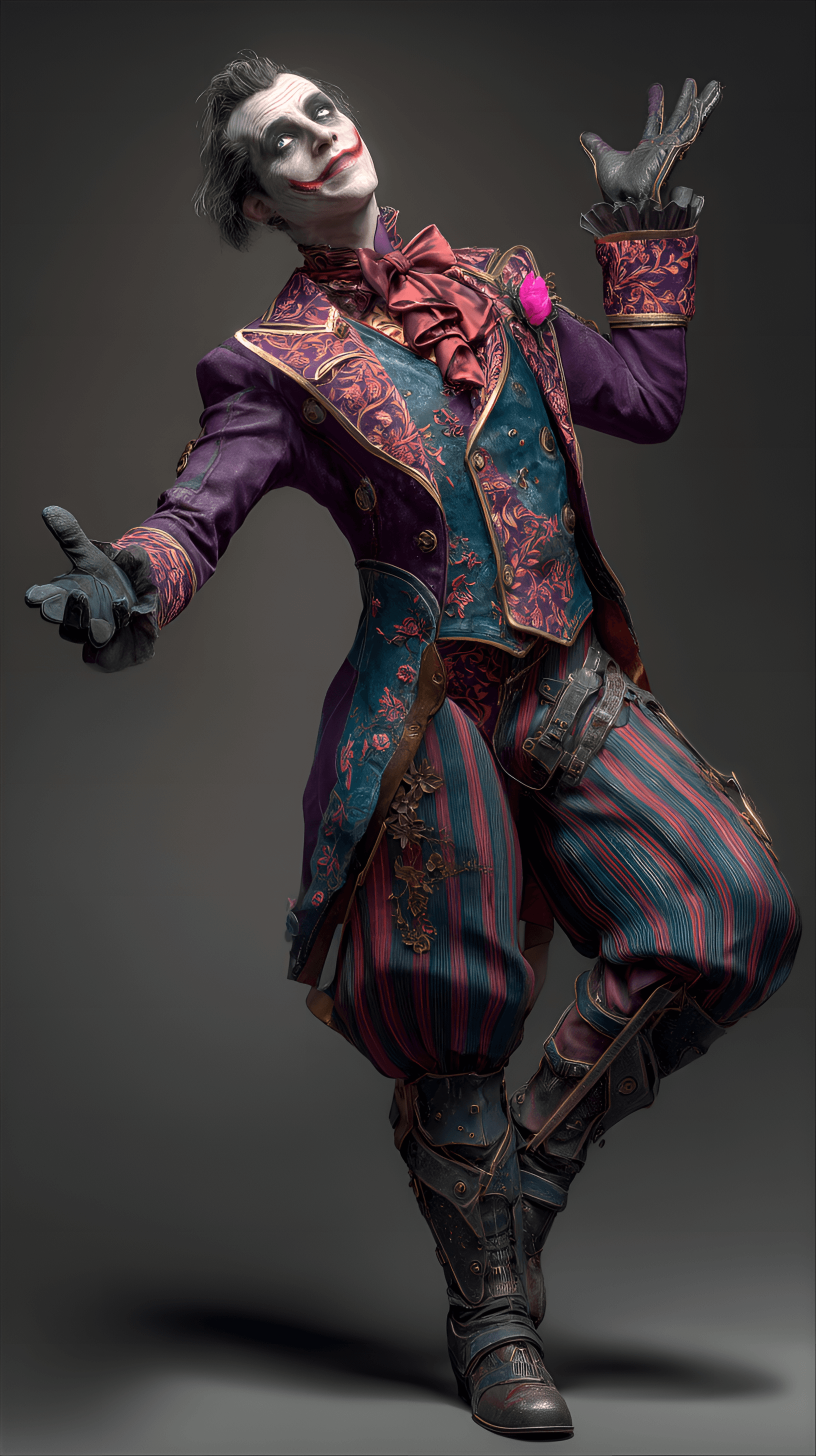 AI generated: Male character, young adult, Caucasian, The Joker,  pose of playful confidence,  standing with one a...