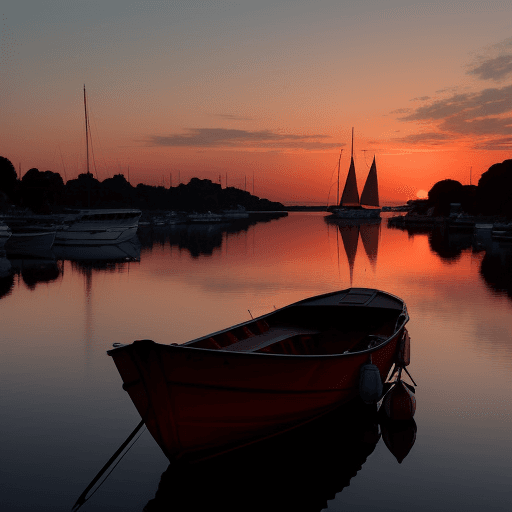 AI generated: Landscape with sunset and boat at dusk