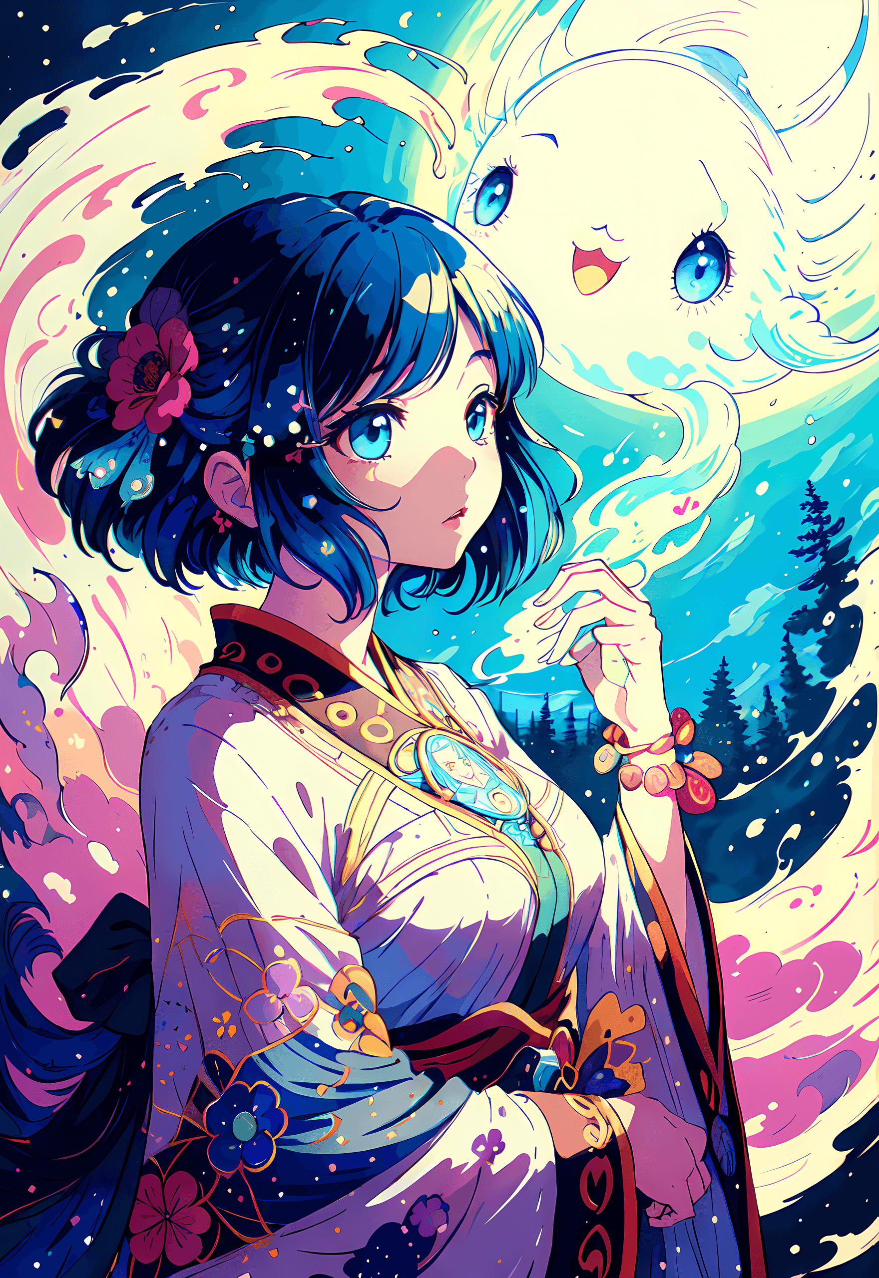 AI generated: (Masterpiece, Award winning, Highest Quality:1.2), 1girl and big ghost by Chiho Aoshima, (highly int...