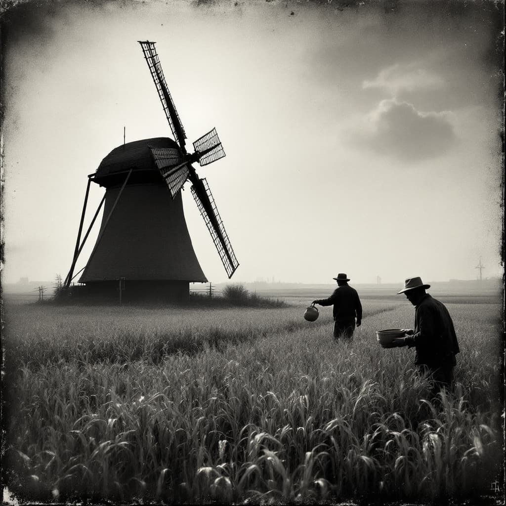 AI generated: Wet plate collodion, a windmill and Peasants working in wheat fields. close up-ar 3:4-quality 2-styl...