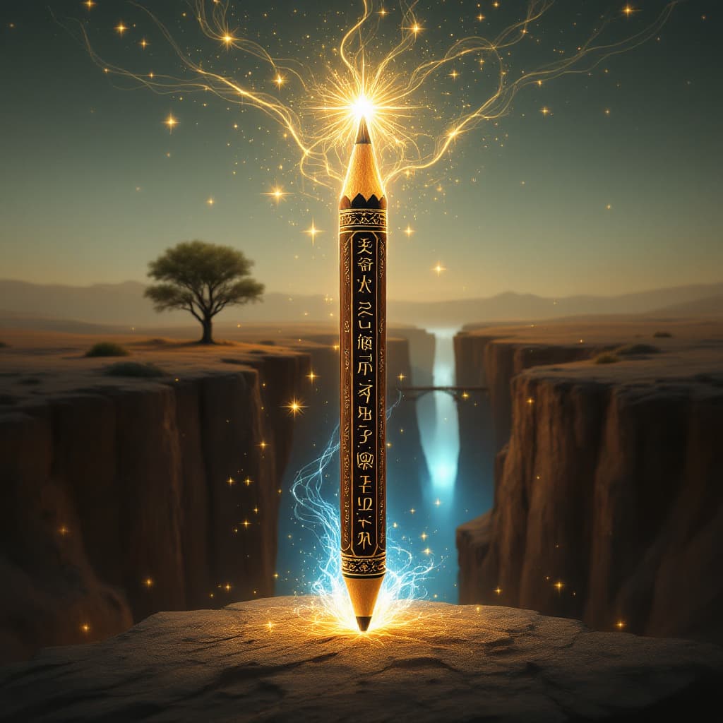 AI generated: At the center of the image is a unique pencil made of dark wood with inlays of golden runes and crys...