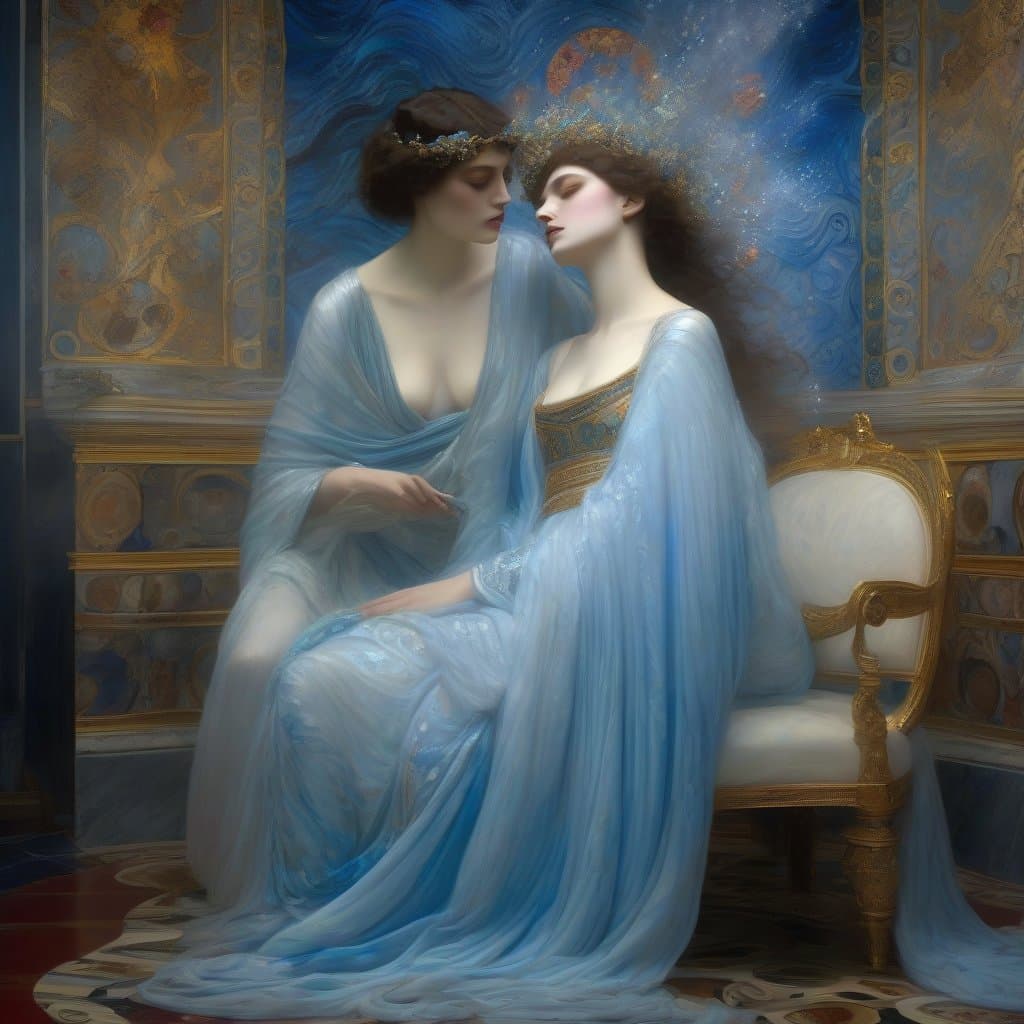 AI generated: wise tale of the divine, romantic priests of a love-cult, immersive experience, porcelaine Sappho, e...