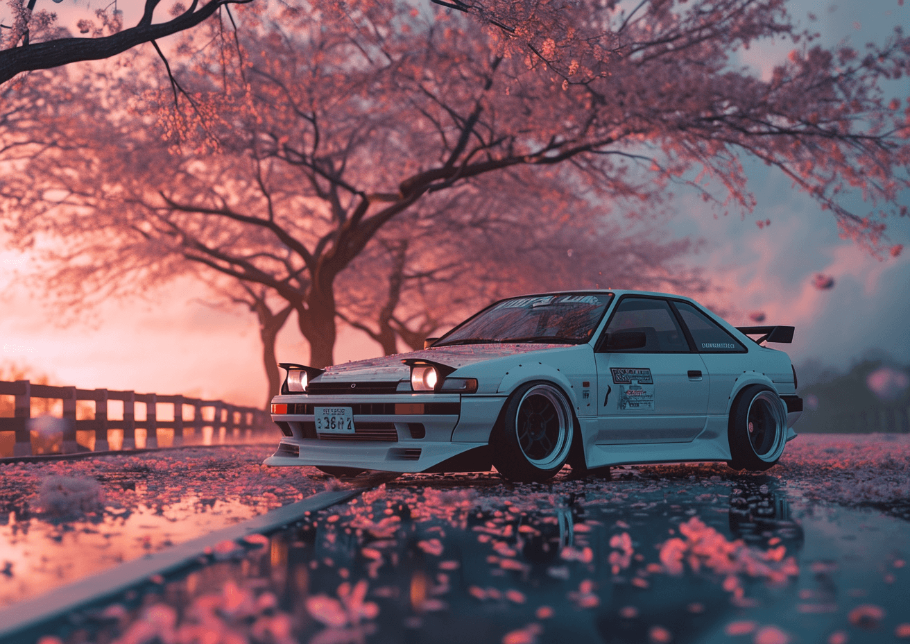 AI generated: ultra detailed white Toyota ae86 trueno at sunset with cherry blossom trees, wind, windy, shot on a ...