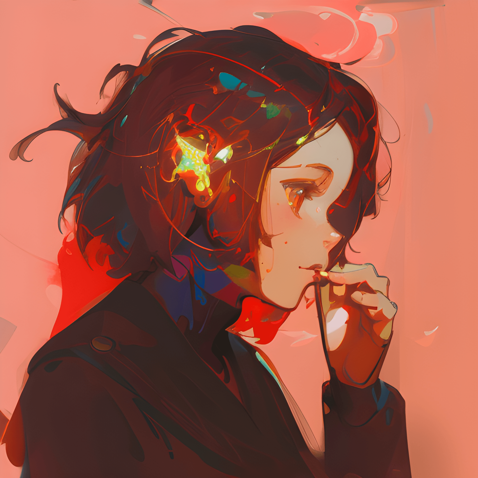 AI generated: a painting of a woman, a digital painting, tumblr, messy bob, glowing red, loish and clamp style, bl...