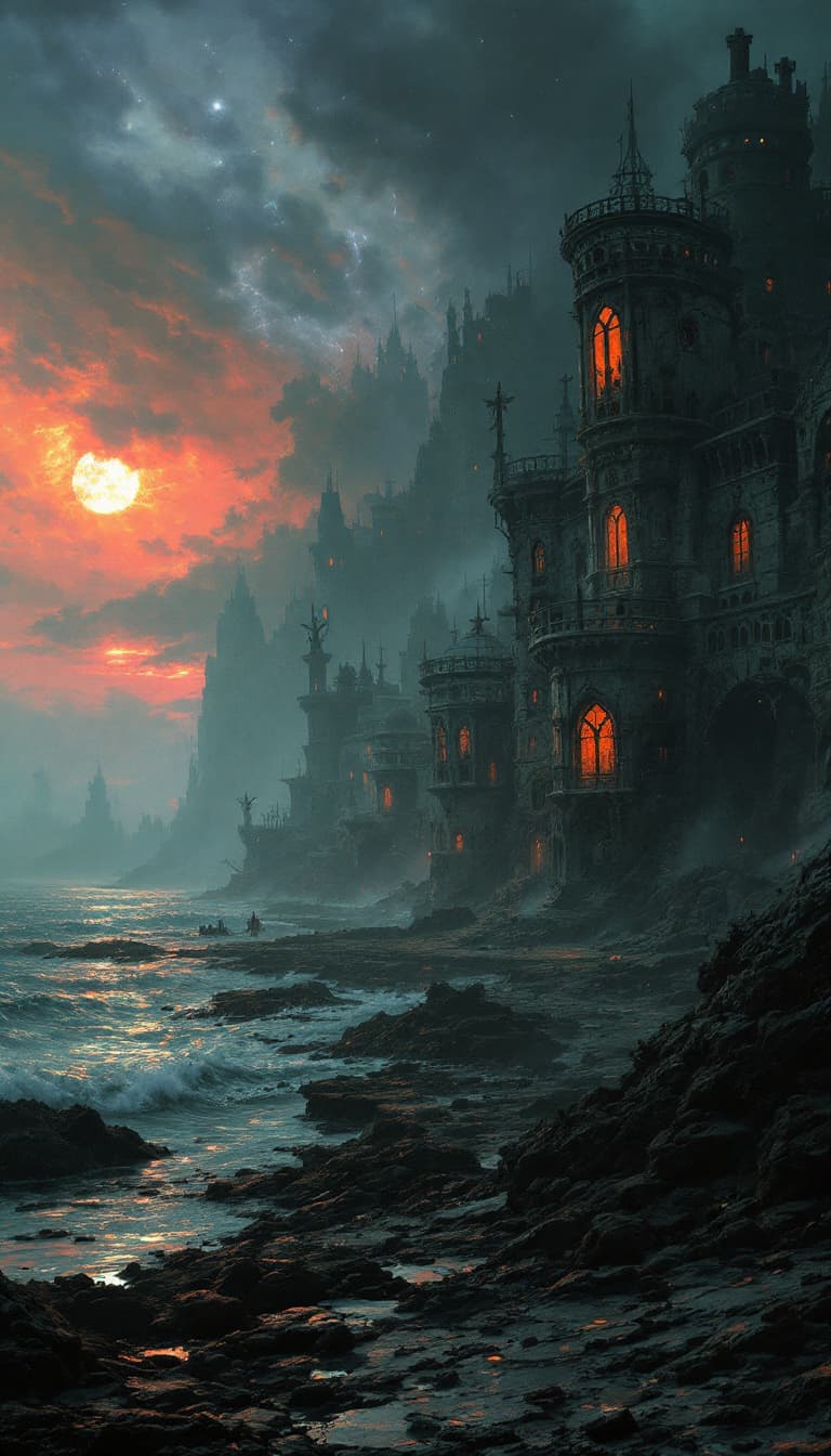 AI generated: Necromancy,Coastal Town,Decaying Architecture,Eldritch Horror,Zombie-like Inhabitants,Cosmic Terrors...